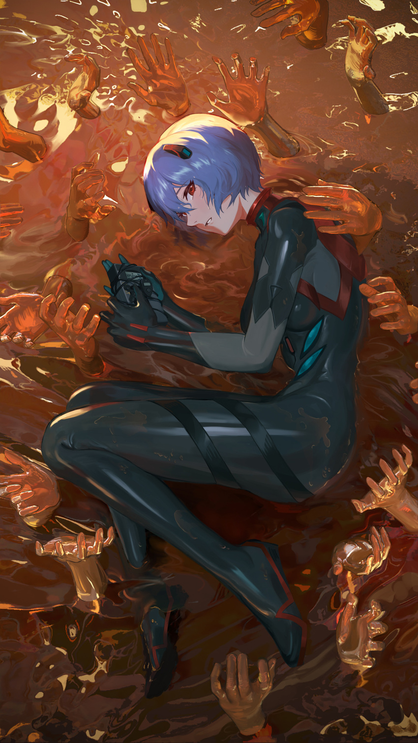 1girl absurdres ayanami_rei black_bodysuit blue_hair bodysuit breasts cola-alter copyright_request disembodied_hand from_above full_body hair_between_eyes highres holding looking_at_viewer lying medium_breasts neon_genesis_evangelion on_side plugsuit rebuild_of_evangelion red_eyes short_hair solo_focus