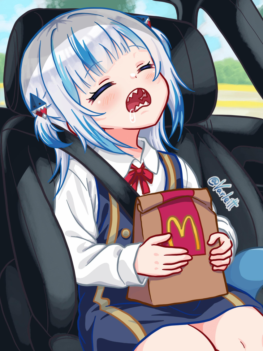 1girl absurdres alternate_costume bag black_dress blue_hair blush bow bowtie car_interior closed_eyes collared_shirt commentary cowboy_shot dress drooling english_commentary gawr_gura grey_hair hair_ornament highres hololive hololive_english long_sleeves mcdonald's medium_hair multicolored_hair open_mouth paper_bag red_bow red_bowtie saliva shark_hair_ornament sharp_teeth shirt sidelocks sitting sleeping sleeping_upright solo streaked_hair teeth twitter_username two_side_up varliet virtual_youtuber white_shirt