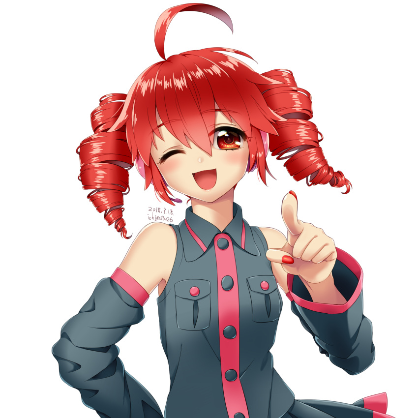 1girl blush collared_shirt dated detached_sleeves drill_hair highres kasane_teto long_sleeves looking_at_viewer mutsubizuki nail_polish one_eye_closed open_mouth pointing pointing_at_viewer red_eyes red_hair shirt sleeveless sleeveless_shirt smile solo twin_drills utau