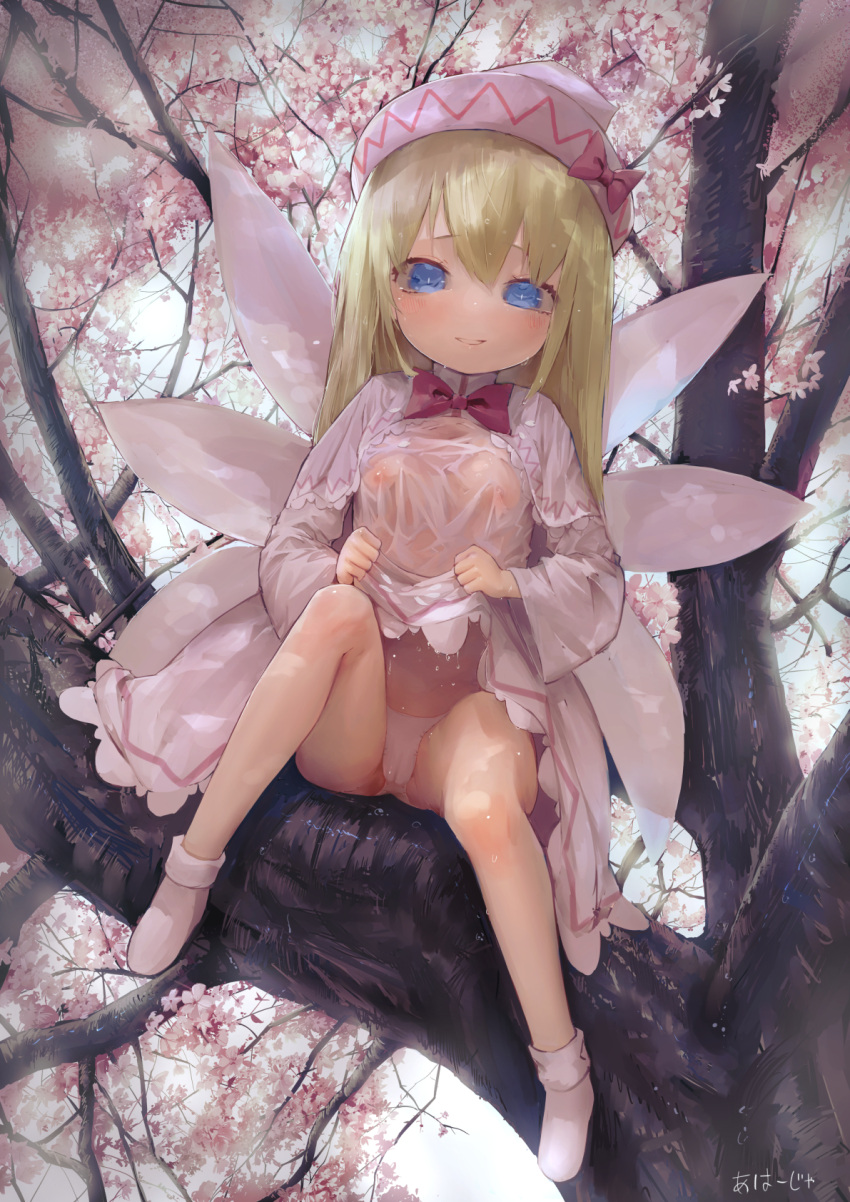 1girl blonde_hair blue_eyes blush breasts capelet cherry_blossoms covered_nipples dress fairy fairy_wings hair_between_eyes hat highres in_tree lily_white long_hair looking_at_viewer open_mouth panties shoes sitting sitting_in_tree small_breasts solo touhou tree underwear white_capelet white_dress white_footwear white_hat white_panties wings yawdeone