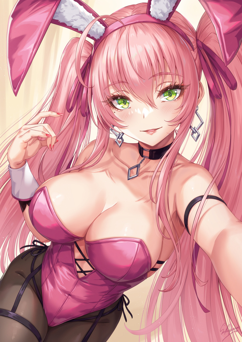 1girl animal_ears arm_strap bare_shoulders black_pantyhose blush breasts cleavage collarbone commentary_request covered_navel earrings fake_animal_ears green_eyes hair_ornament hair_ribbon hairband highres jewelry large_breasts leotard long_hair looking_at_viewer mole mole_under_eye original pantyhose parted_lips pink_hair pink_hairband pink_leotard playboy_bunny rabbit_ears ribbon sakiyamama smile solo thighs twintails wrist_cuffs