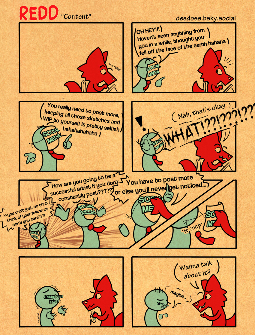 absurd_res ambiguous_gender anthro canid canine canis cardboard comic_panel deedoss dialogue drawing drawing_tablet duo fox freaking_out gesture hand_gesture hi_res humor male mammal nervous pointing ranged_weapon redd_(deedoss) simple_background simple_eyes simple_face text weapon wolf worried yelling