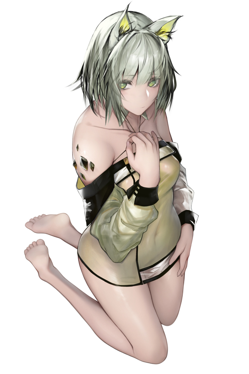 1girl absurdres animal_ears arknights barefoot breasts cat_ears collarbone covered_navel dress eyebrows_visible_through_hair green_dress green_eyes green_hair hand_up highres kal'tsit_(arknights) kneeling looking_at_viewer medium_breasts migata off-shoulder_dress off_shoulder oripathy_lesion_(arknights) see-through short_hair simple_background solo thighs white_background