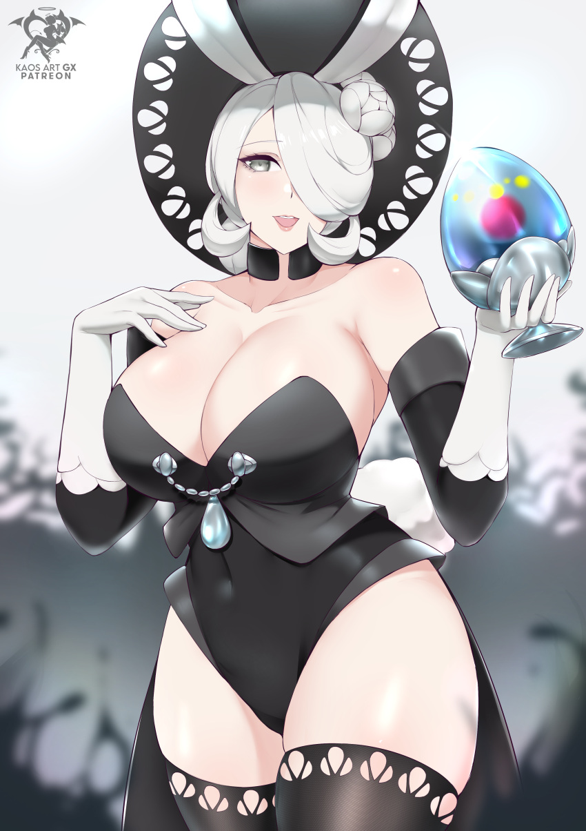 1girl :d absurdres animal_ears artist_logo bare_shoulders black_collar black_hat black_leotard black_thighhighs breasts cleavage cogita_(pokemon) collar collarbone covered_navel curvy egg fake_animal_ears gloves grey_eyes hair_bun hair_over_one_eye hat highres holding holding_egg kaos_art large_breasts leotard open_mouth playboy_bunny pokemon pokemon_legends:_arceus rabbit_ears sexually_suggestive smile solo sun_hat thighhighs thighs white_gloves white_hair