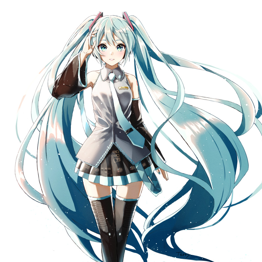 1girl aqua_eyes aqua_hair aqua_necktie arm_up bare_shoulders black_skirt black_sleeves black_thighhighs blush collared_shirt detached_sleeves grey_shirt hair_between_eyes hair_ornament hand_in_own_hair hatsune_miku highres long_hair looking_at_viewer necktie number_tattoo pleated_skirt shirt simple_background skirt smile standing tattoo thighhighs twintails user_gnkj2237_teri very_long_hair vocaloid white_background