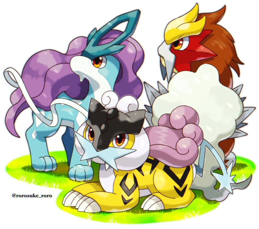 artist_name blue_skin brown_eyes brown_fur claws colored_skin entei fang grass highres long_hair looking_at_viewer looking_to_the_side lying no_humans pokemon pokemon_(creature) purple_hair raikou red_eyes ribbon rorosuke simple_background suicune white_background white_fur yellow_fur