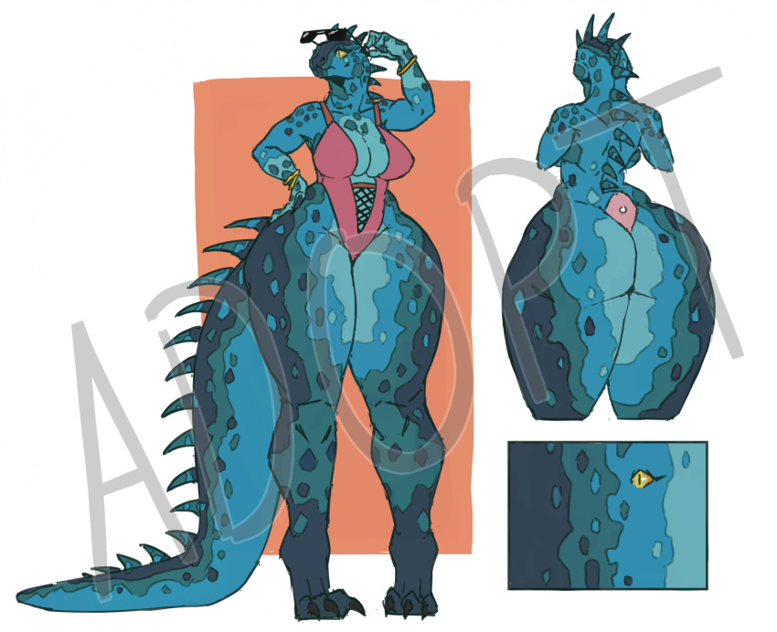 anthro blue_iguana bracelet breasts cleavage clothed clothing eyewear female glasses hi_res iguana iguanid jewelry lizard reptile scalie solo spines tail zed-s