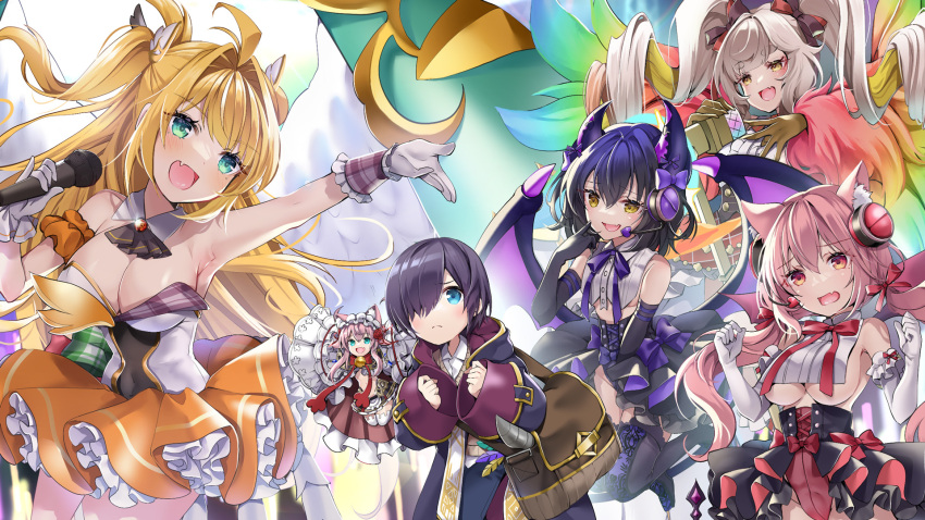 1boy 5girls :d ahoge animal_ear_fluff animal_ears armpits ather_(monmusu_td) bare_shoulders behind-the-head_headphones black_gloves black_hair blonde_hair blue_eyes blush breast_curtain breasts brown_eyes carrying_bag cleavage clenched_hands cloak demon_wings fang frilled_skirt frills gloves green_eyes hair_intakes hair_over_one_eye hair_ribbon headphones headset highres holding holding_microphone idol light_brown_hair long_hair looking_at_another low_twintails lupupu_(monmusu_td) master_(monmusu_td) medium_breasts microphone mini_person minigirl miniskirt monster_musume_td multiple_girls official_art one_eye_covered pannier_(monmusu_td) pink_eyes pink_hair ribbon second-party_source showgirl_skirt skin_fang skirt smile spiked_wings tantalum_(monmusu_td) thick_eyebrows twintails two_side_up underboob vivi_vache_(monmusu_td) white_gloves white_wings wings