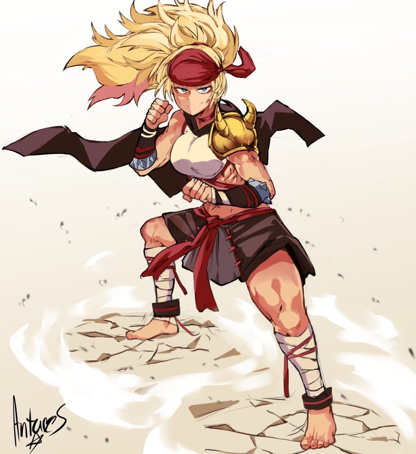 1girl absurdres anklet antares_topaz armor asymmetrical_arms bandaged_leg bandages bandana barefoot belt blonde_hair blue_eyes breastplate character_request clenched_hands commission dust dust_cloud english_commentary evil_smile feet fighting_stance gladiator highres jewelry midriff muscular muscular_female original pauldrons red_bandana red_belt shoulder_armor signature single_pauldron smile solo spiked_armor tan thick_thighs thighs toenails toes vambraces wind