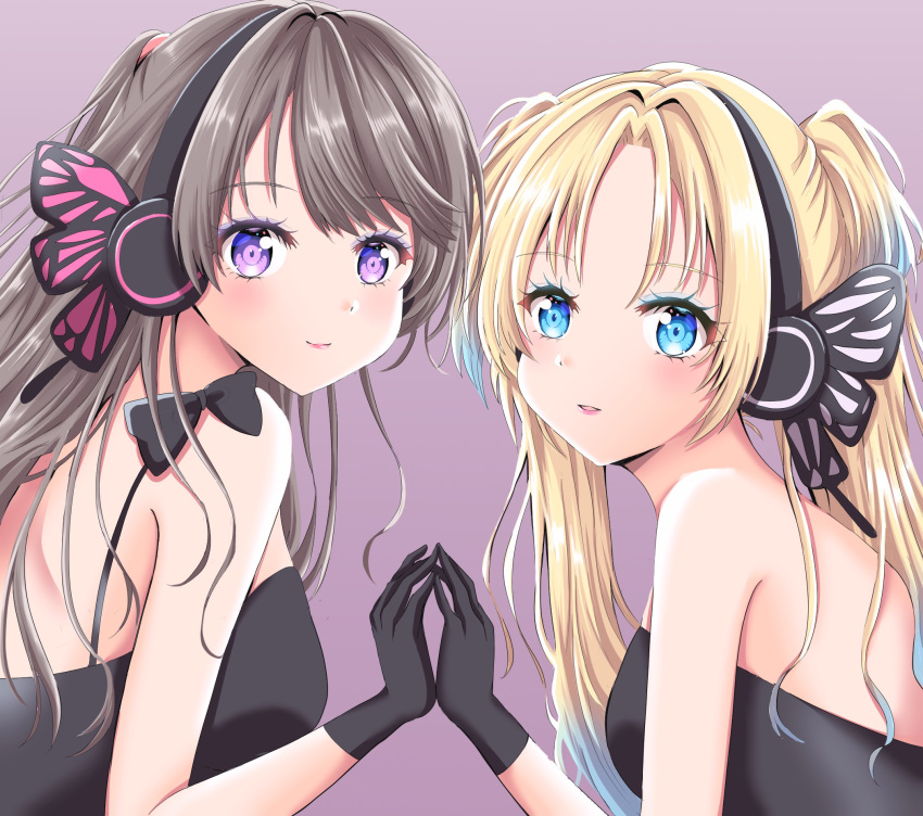 2girls black_dress black_gloves black_headphones blonde_hair blue_eyes blue_hair blush brown_hair closed_mouth commentary_request dress fujishima_megumi gloves gradient_hair grey_background hand_on_hand highres light_blue_hair link!_like!_love_live! lips long_hair looking_at_viewer love_live! meimaru mira-cra_park! multicolored_hair multiple_girls osawa_rurino parted_bangs parted_lips purple_eyes sleeveless sleeveless_dress strapless strapless_dress twintails two_side_up virtual_youtuber