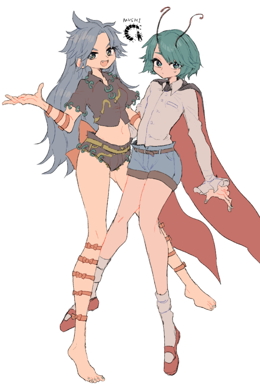 2girls androgynous antennae arm_strap back_bow bangs barefoot belly belt black_belt black_cape blue_eyes blue_shorts bow breasts bug cape collared_shirt commentary_request fang firefly full_body green_eyes green_hair green_nails green_shirt green_shorts highres himemushi_momoyo jewelry leg_strap long_hair long_sleeves mary_janes medium_breasts messy_hair midriff multiple_girls multiple_rings navel novadada open_mouth orange_bow orange_ribbon red_cape red_footwear ribbon ring shirt shoes short_hair short_shorts short_sleeves shorts simple_background small_breasts socks stomach_bulge sweatdrop toes tomboy touhou two-sided_cape two-sided_fabric very_long_hair white_background white_legwear white_shirt wriggle_nightbug yellow_belt