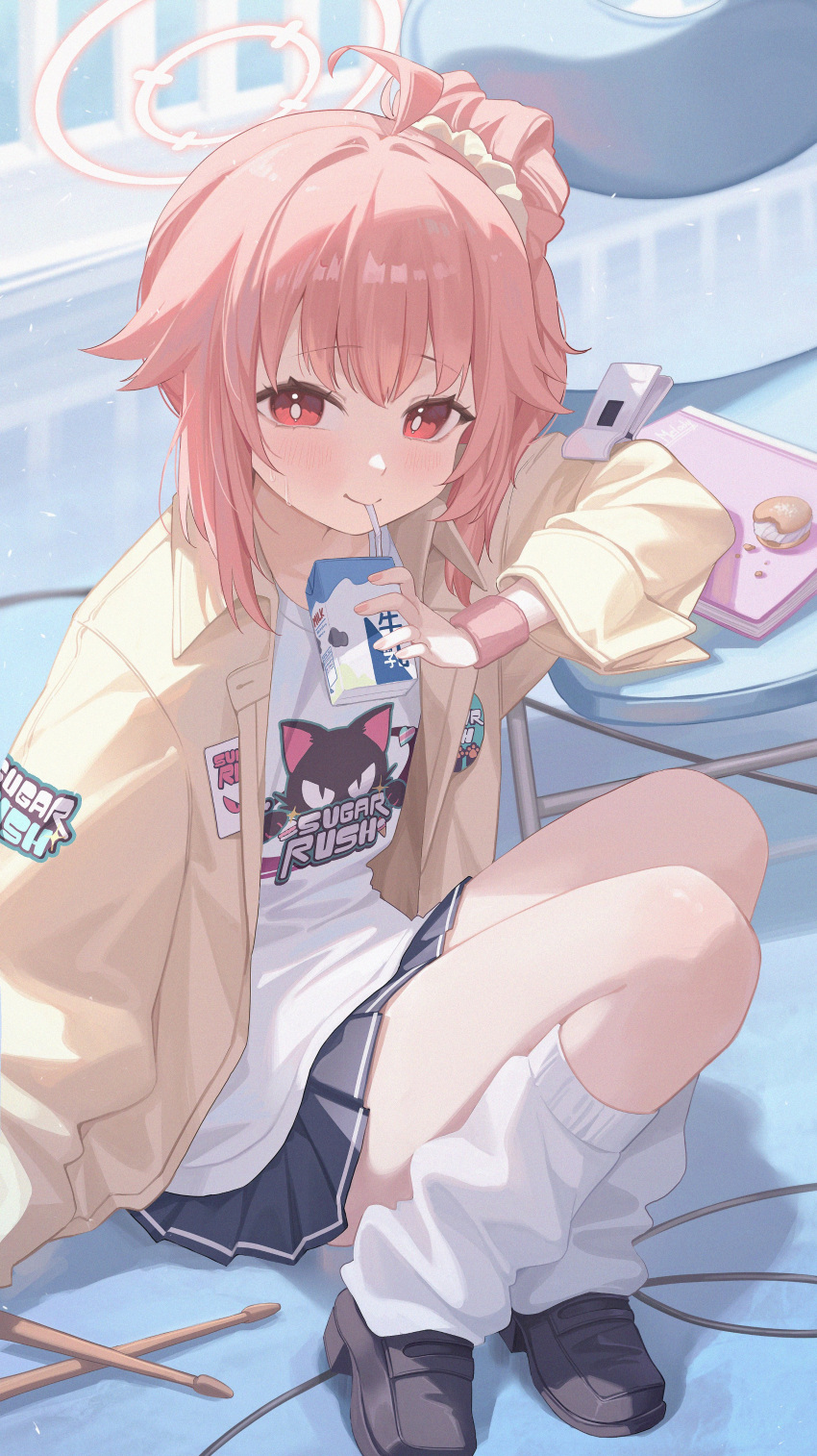 1girl absurdres black_footwear black_skirt blue_archive blush closed_mouth drink drinking drinking_straw drinking_straw_in_mouth fingernails food halo highres holding holding_drink jacket long_hair long_sleeves looking_at_viewer loose_socks midori_xu natsu_(band)_(blue_archive) natsu_(blue_archive) official_alternate_costume open_clothes open_jacket pink_hair pink_halo pleated_skirt red_eyes shirt shoes skirt smile socks solo white_shirt white_socks yellow_jacket