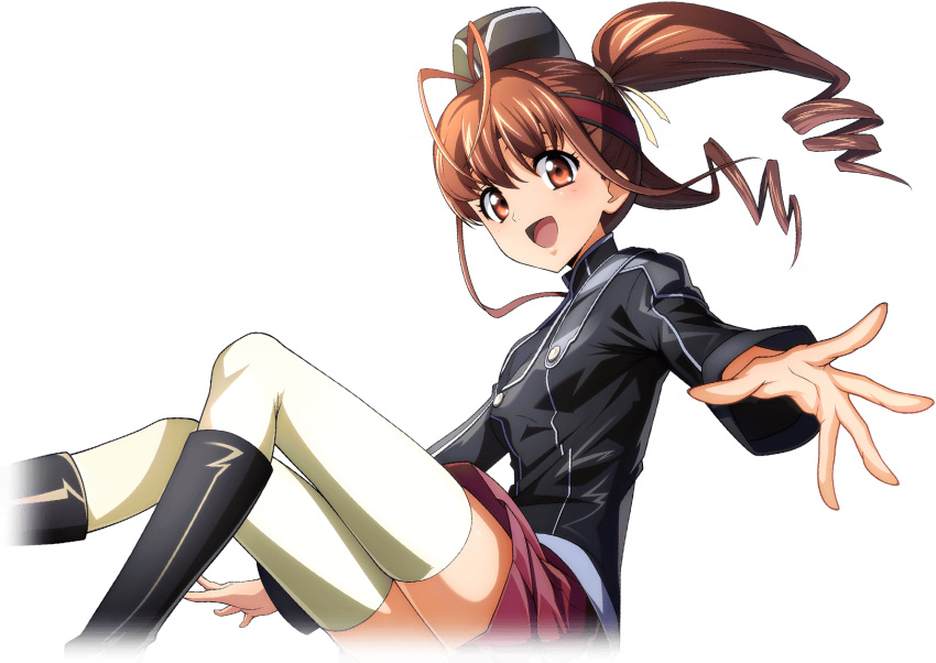 1girl akagi_benio antenna_hair artist_request black_footwear black_hat black_jacket boots breasts brown_hair buttons code_geass code_geass:_lost_stories cropped_legs drill_hair game_cg garrison_cap hair_ribbon happy hat headband highres jacket knee_boots long_sleeves looking_at_viewer medium_hair miniskirt non-web_source official_art open_mouth orange_eyes pleated_skirt red_headband red_skirt ribbon simple_background skirt small_breasts smile solo thighhighs transparent_background twin_drills twintails white_thighhighs yellow_ribbon