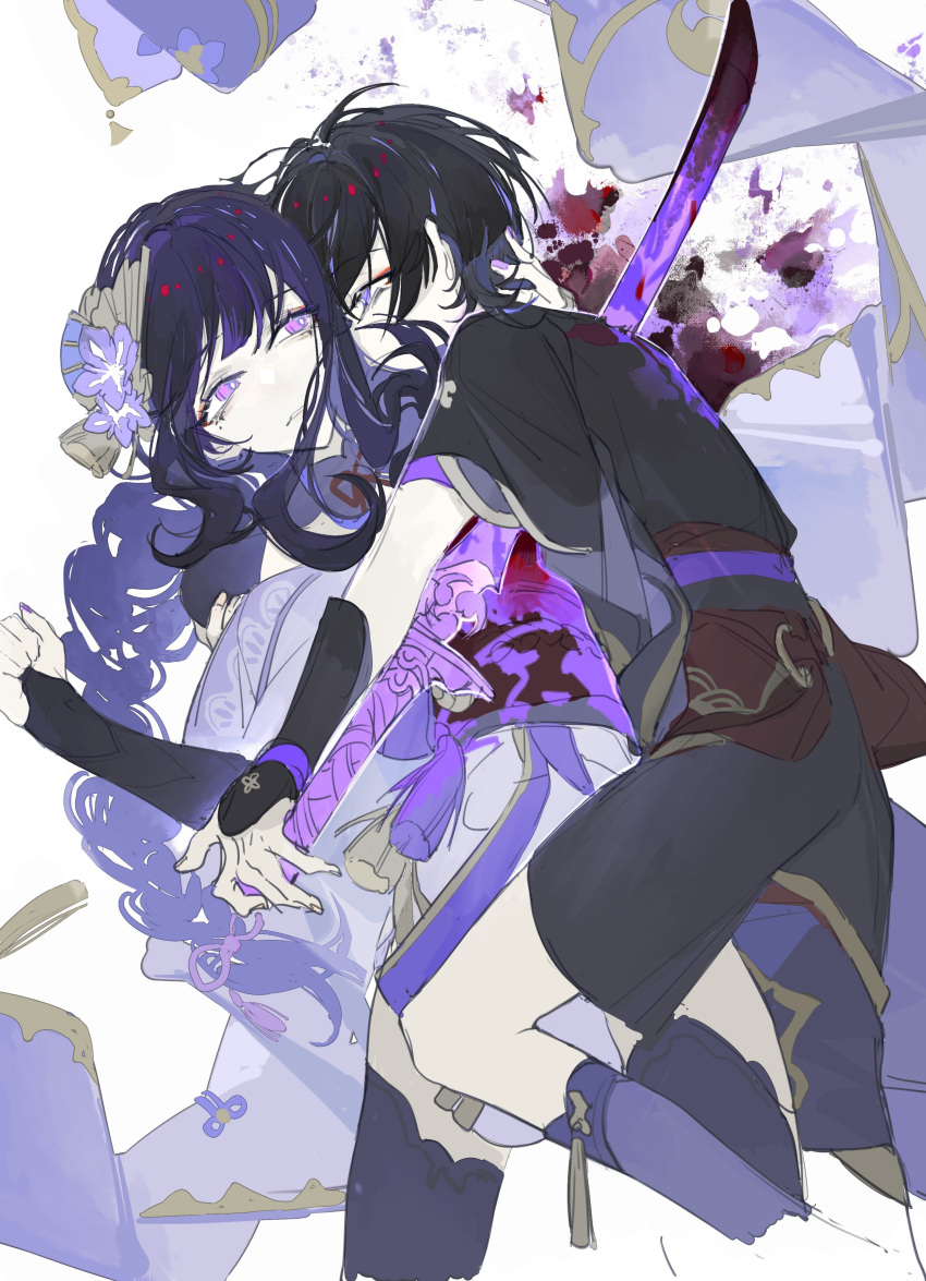 1boy 1girl absurdres blood blood_on_weapon blood_splatter blue_eyes blue_hair blunt_bangs braid from_side genshin_impact hair_between_eyes hair_ornament hair_ribbon hand_on_another's_head hand_on_another's_shoulder highres holding holding_sword holding_weapon hug japanese_clothes katana long_hair looking_at_another mitsudomoe_(shape) mole mole_under_eye mother_and_son nnikko purple_eyes purple_hair purple_nails raiden_shogun ribbon scaramouche_(genshin_impact) short_hair simple_background single_braid sword tomoe_(symbol) weapon white_background