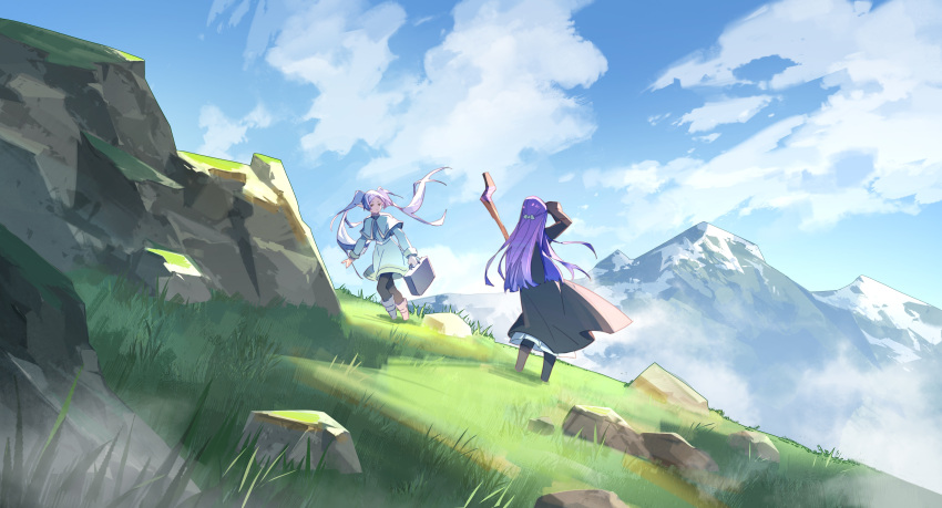 2girls absurdres beishang_yutou black_dress black_pantyhose blue_sky blunt_ends capelet chinese_commentary cloud commentary_request day dress elf fern_(sousou_no_frieren) floating_hair fog frieren grass half_updo hand_up highres holding holding_suitcase landscape mountain mountainous_horizon multiple_girls outdoors pantyhose pointy_ears purple_hair rock scenery sky sousou_no_frieren standing suitcase twintails white_capelet white_dress white_footwear white_hair wide_shot wind
