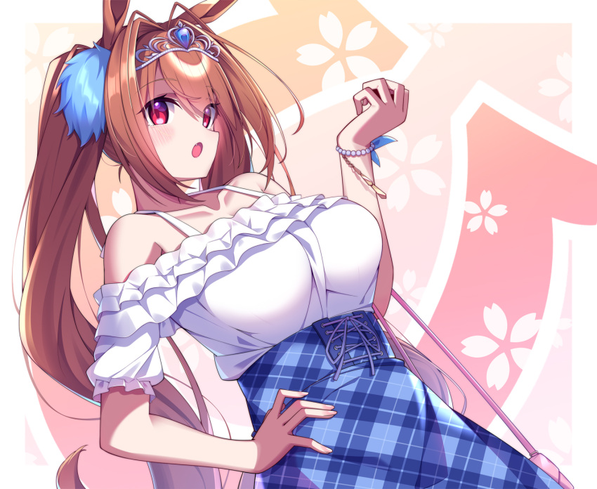 1girl animal_ears bag blue_skirt breasts brown_hair casual daiwa_scarlet_(umamusume) dutch_angle fang from_side hair_between_eyes hair_intakes handbag highres horse_ears horse_girl large_breasts long_hair looking_at_viewer mate_(oktavia1121) off-shoulder_shirt off_shoulder open_mouth pink_bag red_eyes shirt sideways_glance skirt solo tiara twintails umamusume very_long_hair