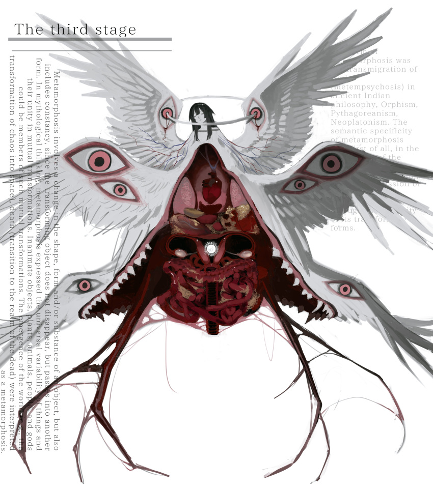 1girl absurdres angel_wings biblically_accurate_angel black_hair copyright_request english_text extra_eyes feathered_wings floating gadblo_(hateful) halo highres multiple_wings organs red_eyes seraph sharp_teeth simple_background solo teeth wings