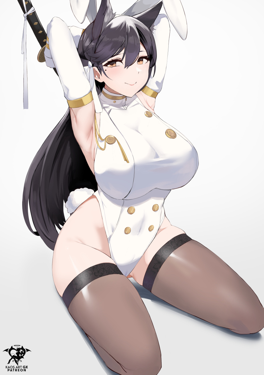 1girl absurdres animal_ears armpits arms_behind_head artist_logo artist_name atago_(azur_lane) azur_lane black_hair black_thighhighs breasts buttons closed_mouth detached_sleeves dog_ears dog_girl extra_ears fake_animal_ears gold_trim hair_behind_ear hair_between_eyes highleg highleg_leotard highres holding holding_sword holding_weapon huge_breasts kaos_art large_breasts leotard long_hair looking_at_viewer military military_uniform mole mole_under_eye patreon_username playboy_bunny rabbit_ears rabbit_girl rabbit_tail ribbon seiza simple_background sitting sleeveless smile solo sword tail thighhighs thighs uniform very_long_hair watermark weapon weapon_behind_back white_background white_leotard yellow_eyes