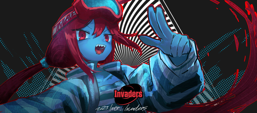 1girl :d absurdres blue_skin colored_skin copyright_name dated goggles goggles_on_head hair_between_eyes hand_up highres invaders_(record_label) invtam jacket logo long_hair long_sleeves looking_at_viewer open_mouth py-2 red_eyes red_hair sharp_teeth shirt smile solo striped_clothes striped_jacket striped_shirt teeth twintails upper_body w