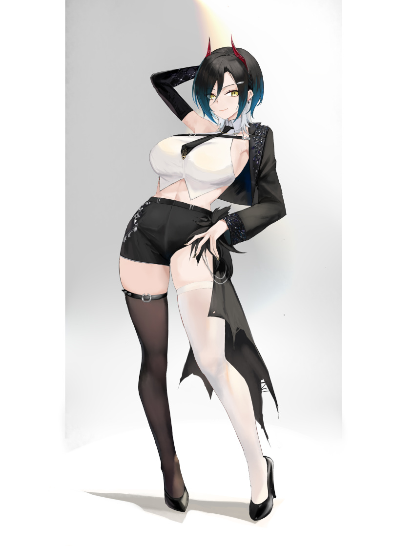 1girl absurdres arm_behind_head asymmetrical_legwear asymmetrical_pants azur_lane black_hair black_jacket black_nails black_necktie black_shorts breasts casual collared_shirt cropped_jacket cropped_shirt ear_piercing full_body hair_ornament hair_over_one_eye hairclip hand_on_own_hip high_heels highres hip_focus horns jacket large_breasts leaning_back leaning_to_the_side legs looking_at_viewer medium_hair midriff mismatched_legwear multicolored_hair nail_polish navel necktie piercing shirt short_shorts shorts skindentation sleeveless sleeveless_shirt slit_pupils smile solo standing suo_bu_ye_feng thigh_strap thighhighs thighs two-tone_hair ulrich_von_hutten_(azur_lane) white_hair white_shirt yellow_eyes