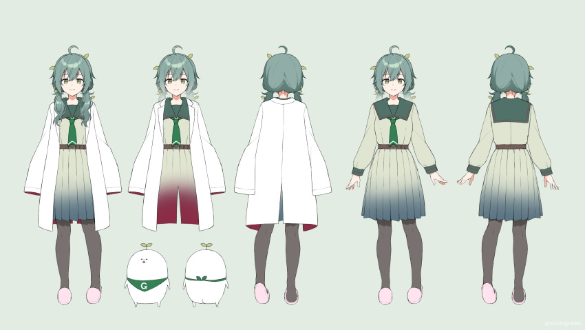 1girl absurdres ahoge brown_pantyhose brown_shirt brown_skirt closed_mouth commentary_request green_background green_eyes green_hair hair_between_eyes hair_over_shoulder highres lab_coat leaf leaf_on_head long_hair long_sleeves looking_at_viewer low_twintails midorikawa_you multiple_views open_clothes original pantyhose pink_footwear pleated_skirt puffy_long_sleeves puffy_sleeves shirt shoe_soles simple_background skirt sleeves_past_fingers sleeves_past_wrists slippers smile standing twintails