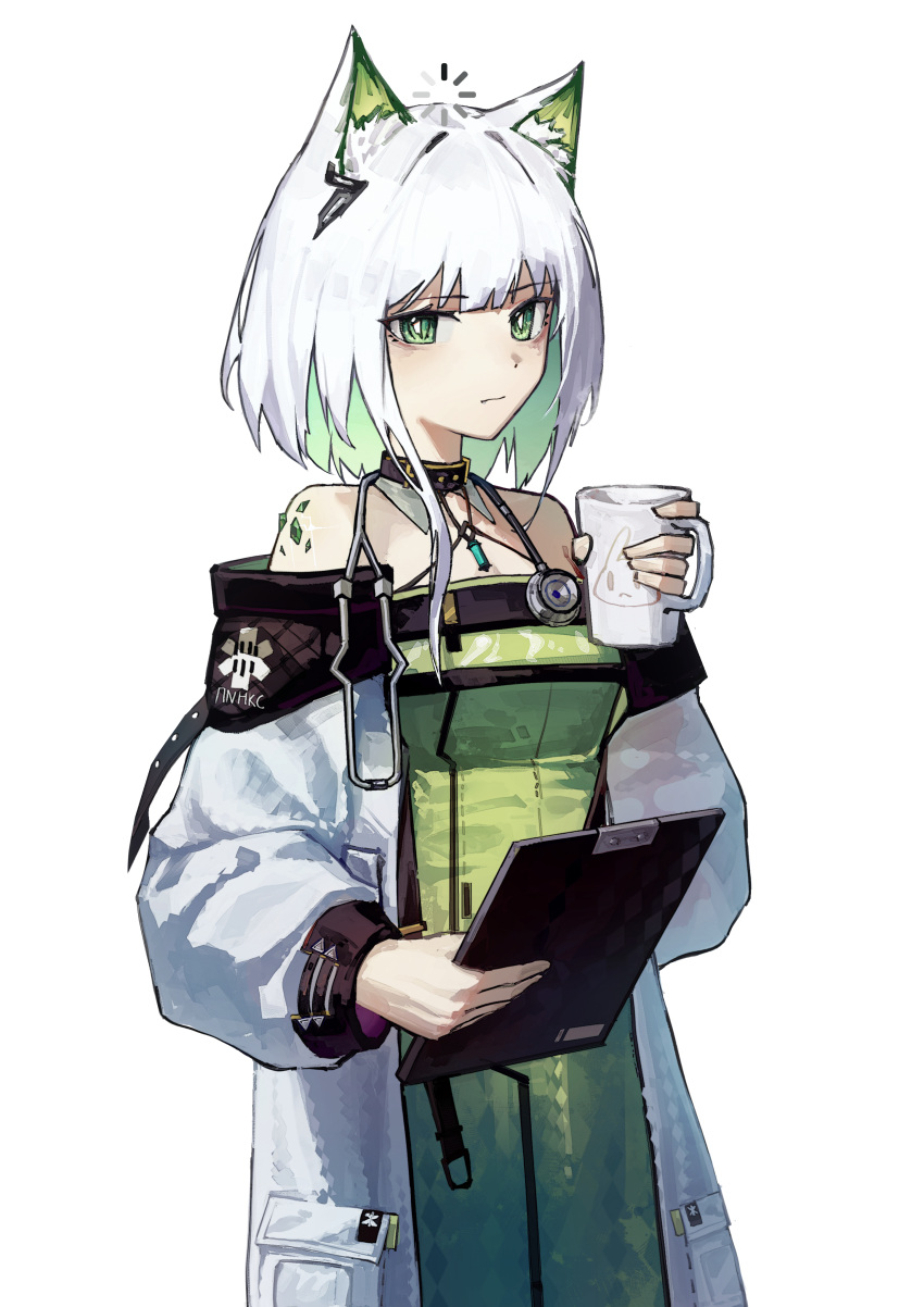 1girl absurdres animal_ear_fluff animal_ears arknights bare_shoulders bright_pupils cat_ears cat_girl chinese_commentary clipboard closed_mouth coat colored_inner_hair commentary_request cowboy_shot cup dress expressionless green_dress green_eyes green_hair hand_up highres holding holding_clipboard holding_cup kal'tsit_(arknights) loading_icon long_dress long_sleeves looking_at_viewer material_growth mug multicolored_hair nian962464 off_shoulder open_clothes open_coat oripathy_lesion_(arknights) russian_text short_hair_with_long_locks simple_background solo standing star_of_life stethoscope white_background white_coat white_hair white_pupils