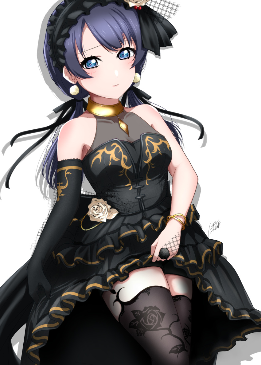1girl black_dress black_gloves black_headdress black_ribbon black_thighhighs blue_eyes blue_hair breasts cleavage closed_mouth clothes_lift commentary_request cowboy_shot dark_blue_hair dress dress_flower dress_lift drop_shadow elbow_gloves flower frilled_dress frills gloves gold_bracelet hair_ribbon highres lifted_by_self light_smile link!_like!_love_live! long_hair looking_at_viewer love_live! low_twintails medium_breasts murano_sayaka noochan_chonoda official_alternate_costume ribbon rose see-through see-through_cleavage simple_background single_elbow_glove sleeveless sleeveless_dress solo sparkly_spot_(love_live!) thighhighs twintails virtual_youtuber white_background white_flower white_rose