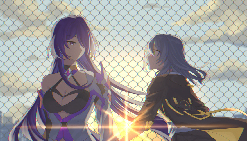 2girls absurdres acheron_(honkai:_star_rail) armor black_choker black_jacket black_skirt breasts choker cleavage closed_mouth coat criss-cross_halter fence grey_hair hair_over_one_eye halterneck highres hkhkfff0 honkai:_star_rail honkai_(series) honkai_impact_3rd jacket large_breasts long_hair looking_at_another medium_hair multicolored_hair multiple_girls open_clothes open_jacket parted_lips purple_eyes purple_hair scene_reference shirt shoulder_armor single_bare_shoulder skirt stelle_(honkai:_star_rail) streaked_hair sunset trailblazer_(honkai:_star_rail) upper_body very_long_hair white_coat white_shirt yellow_eyes