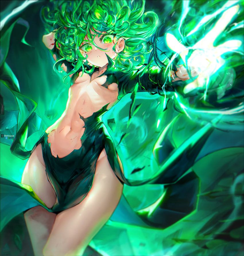 1girl arm_up artist_name black_dress breasts dress green_background green_eyes green_hair highres hitokiri_battousai long_hair long_sleeves magic navel one-punch_man parted_lips small_breasts solo tatsumaki teeth torn_clothes torn_dress