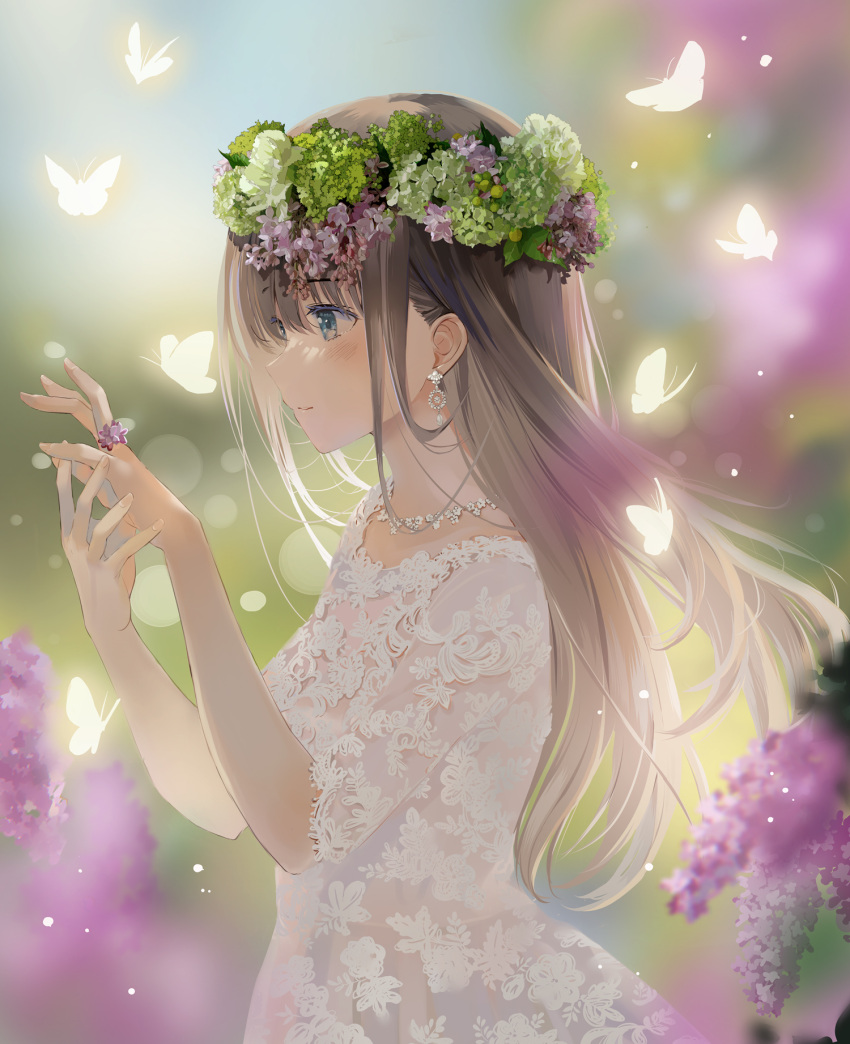 1girl animal blue_eyes blurry blurry_background blush brown_hair bug butterfly closed_mouth commentary_request depth_of_field dress earrings floating_hair flower green_flower hair_between_eyes hands_up head_wreath highres jewelry lilac long_hair naruse_chisato original purple_flower short_sleeves smile solo very_long_hair white_dress