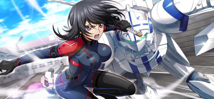 1girl alexander_(code_geass) alexander_type-02 arms_up artist_request black_footwear black_gloves black_hair blue_bodysuit blue_sky bodysuit boots breasts cloud code_geass code_geass:_lost_stories covered_collarbone covered_navel day dutch_angle fighting_stance game_cg gloves green_eyes highres holding holding_sword holding_weapon katana kousaka_ayano large_breasts leg_up looking_at_viewer mecha medium_hair motion_blur non-web_source official_art open_mouth outdoors outstretched_arms pink_eyes reverse_grip robot sidelocks sky solo standing standing_on_one_leg sword teeth thigh_boots tongue v-shaped_eyebrows weapon