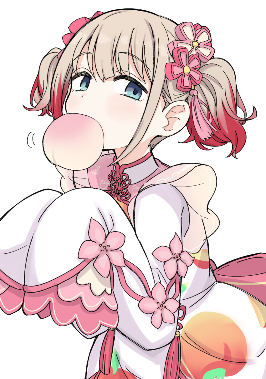 1girl back_bow blue_eyes blush bow collared_dress cowboy_shot dress food fruit fruit_print gougoku highres idolmaster idolmaster_shiny_colors light_brown_hair long_bangs long_sleeves looking_at_viewer motion_lines mouth_hold multicolored_hair own_hands_together peach pink_bow print_dress red_hair serizawa_asahi short_hair short_twintails sidelocks simple_background sleeves_past_fingers sleeves_past_wrists solo streaked_hair twintails white_background white_dress