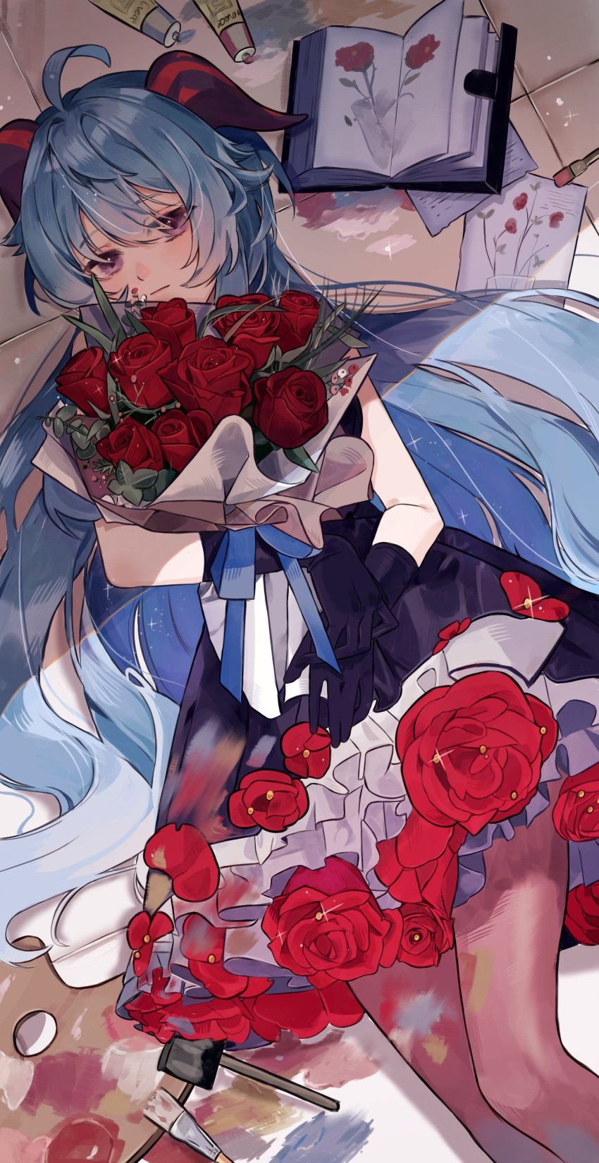 1girl absurdres ahoge alternate_costume black_dress black_gloves blue_hair bouquet brown_pantyhose closed_mouth dress flower ganyu_(genshin_impact) genshin_impact gloves goat_horns hair_between_eyes highres holding holding_bouquet horns long_hair looking_at_viewer lying naengbi1008 on_back pantyhose purple_eyes red_flower red_rose rose