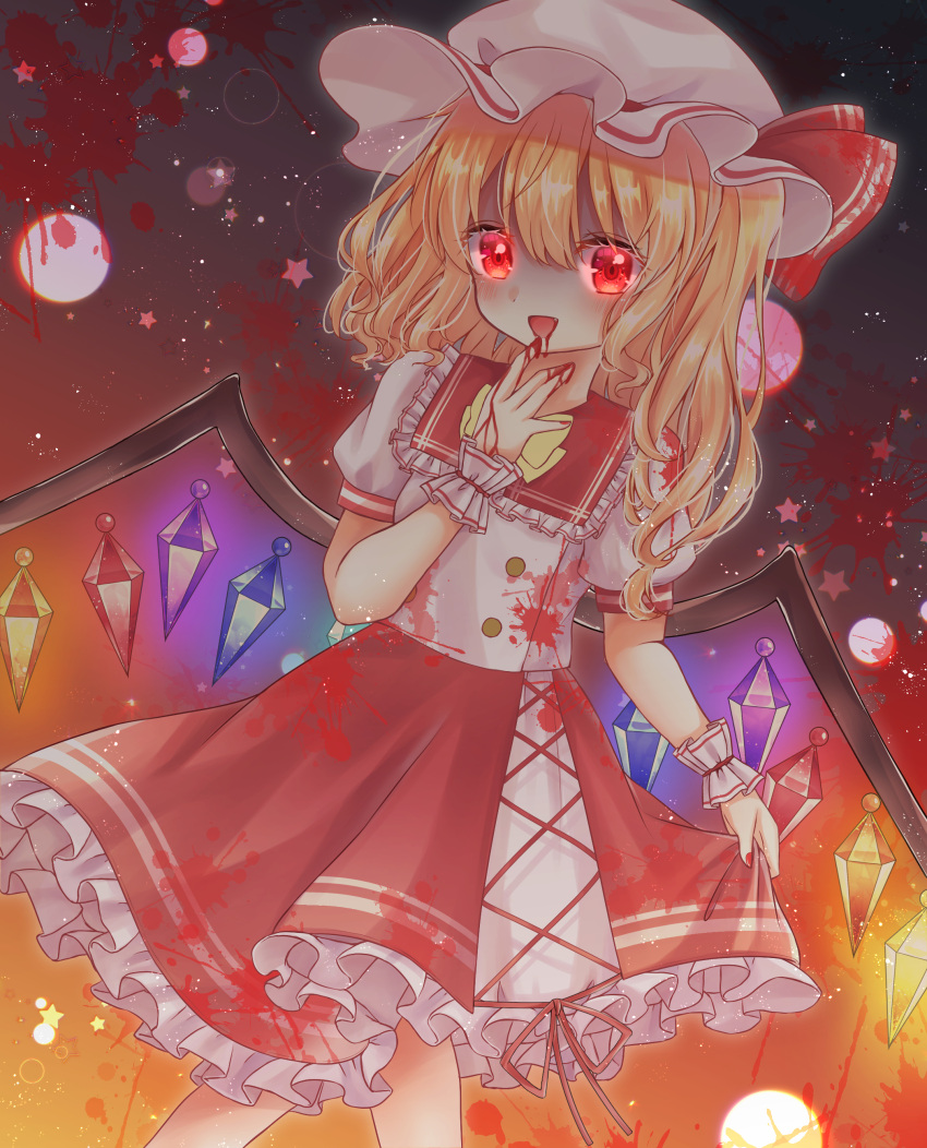 1girl absurdres blonde_hair blood blood_on_clothes blood_on_hands cowboy_shot crystal_wings dress flandre_scarlet frilled_dress frills hand_up hat hat_ribbon highres mimi89819132 open_mouth red_eyes red_ribbon ribbon side_ponytail solo touhou white_mob_cap wrist_cuffs