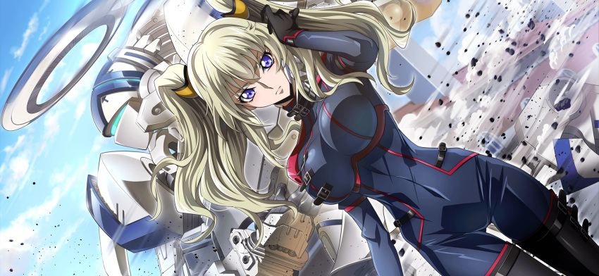 1girl adjusting_hair alexander_(code_geass) alexander_type-02 arm_at_side arm_up artist_request ass_visible_through_thighs black_bodysuit black_footwear black_gloves blonde_hair blue_eyes blue_sky bodysuit boots breasts closed_mouth cloud code_geass code_geass:_boukoku_no_akito code_geass:_lost_stories covered_navel day dust dutch_angle game_cg gloves hair_between_eyes hair_ornament halo highres large_breasts leila_malcal long_hair looking_at_viewer mecha mechanical_halo non-web_source official_art outdoors robot serious sidelocks skin_tight sky solo standing thigh_boots twintails v-shaped_eyebrows