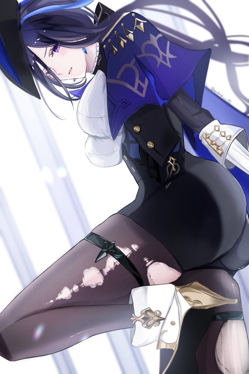 1girl ascot black_corset blue_cape blue_hair breasts cape clorinde_(genshin_impact) corset dark_blue_hair epaulettes fold-over_boots fold-over_gloves genshin_impact gloves hat highres large_breasts long_hair looking_at_viewer low_ponytail nukoxx_02 pantyhose pencil_skirt purple_ascot purple_eyes shirt skirt solo taut_clothes taut_shirt thigh_strap torn_clothes torn_pantyhose tricorne white_gloves white_shirt