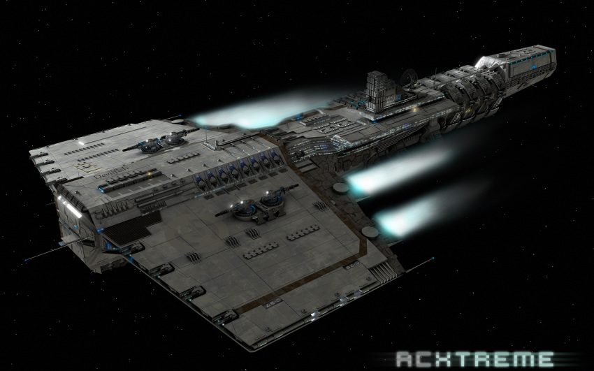 3d acxtreme artist_name battleship_(eve_online) caldari_state_(eve_online) cannon commentary concept_art dark_background energy_cannon eve_online flying glowing grey_theme highres military_vehicle no_humans original outdoors radar_dish radio_antenna realistic science_fiction space spacecraft starry_background thrusters turret vehicle_focus