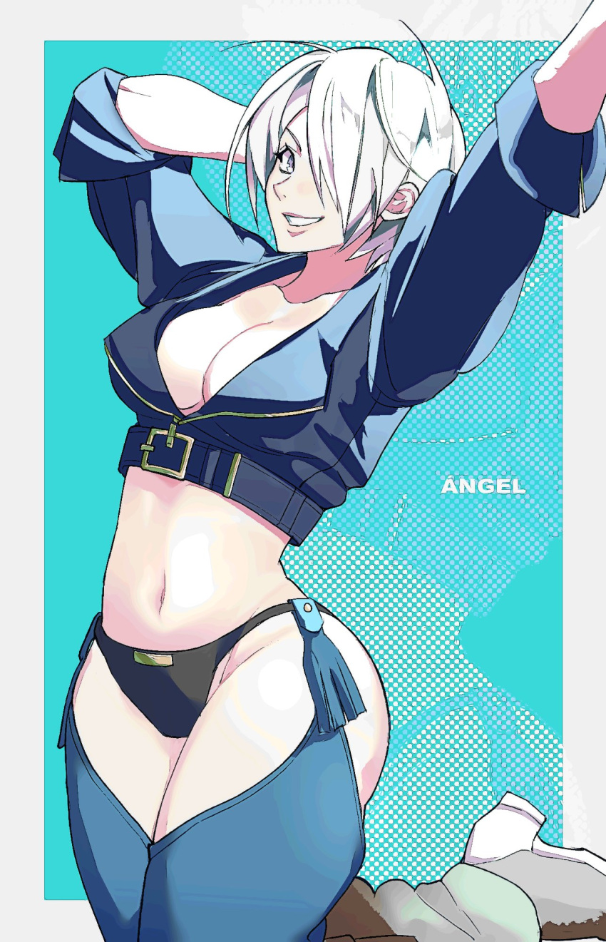 1girl angel_(kof) backless_pants blue_eyes boots bra breasts chaps cleavage cowboy_boots crop_top cropped_jacket hair_over_one_eye highres jacket leather leather_jacket looking_at_viewer midriff navel panties pants po9046 short_hair smile snk solo strapless strapless_bra the_king_of_fighters the_king_of_fighters_xiv toned underwear white_hair