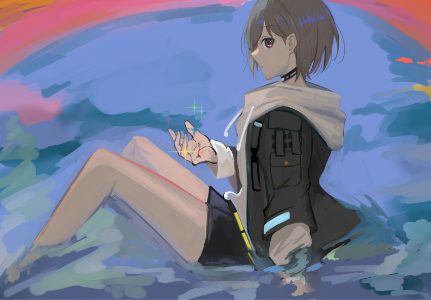 1girl absurdres bang_dream! bang_dream!_it's_mygo!!!!! bare_legs black_choker black_jacket black_shorts chinese_commentary choker commentary_request drawstring from_side grey_hair highres hood hoodie jacket looking_at_viewer mikage_ao outdoors parted_lips red_eyes short_hair shorts sitting sitting_on_water solo sparkle takamatsu_tomori water white_hoodie