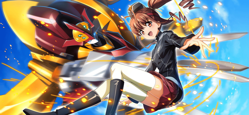 1girl akagi_benio antenna_hair artist_request benihozuki_(code_geass) black_footwear black_hat black_jacket blue_eyes blue_sky boots breasts brown_hair buttons cloud code_geass code_geass:_lost_stories day drill_hair eye_trail game_cg garrison_cap glowing glowing_eyes hair_ribbon happy hat headband highres jacket knee_boots light_trail long_sleeves looking_at_viewer mecha medium_hair miniskirt non-web_source official_art open_mouth orange_eyes outdoors pleated_skirt red_headband red_skirt ribbon robot skirt sky small_breasts smile solo sparks thighhighs twin_drills twintails white_thighhighs yellow_ribbon