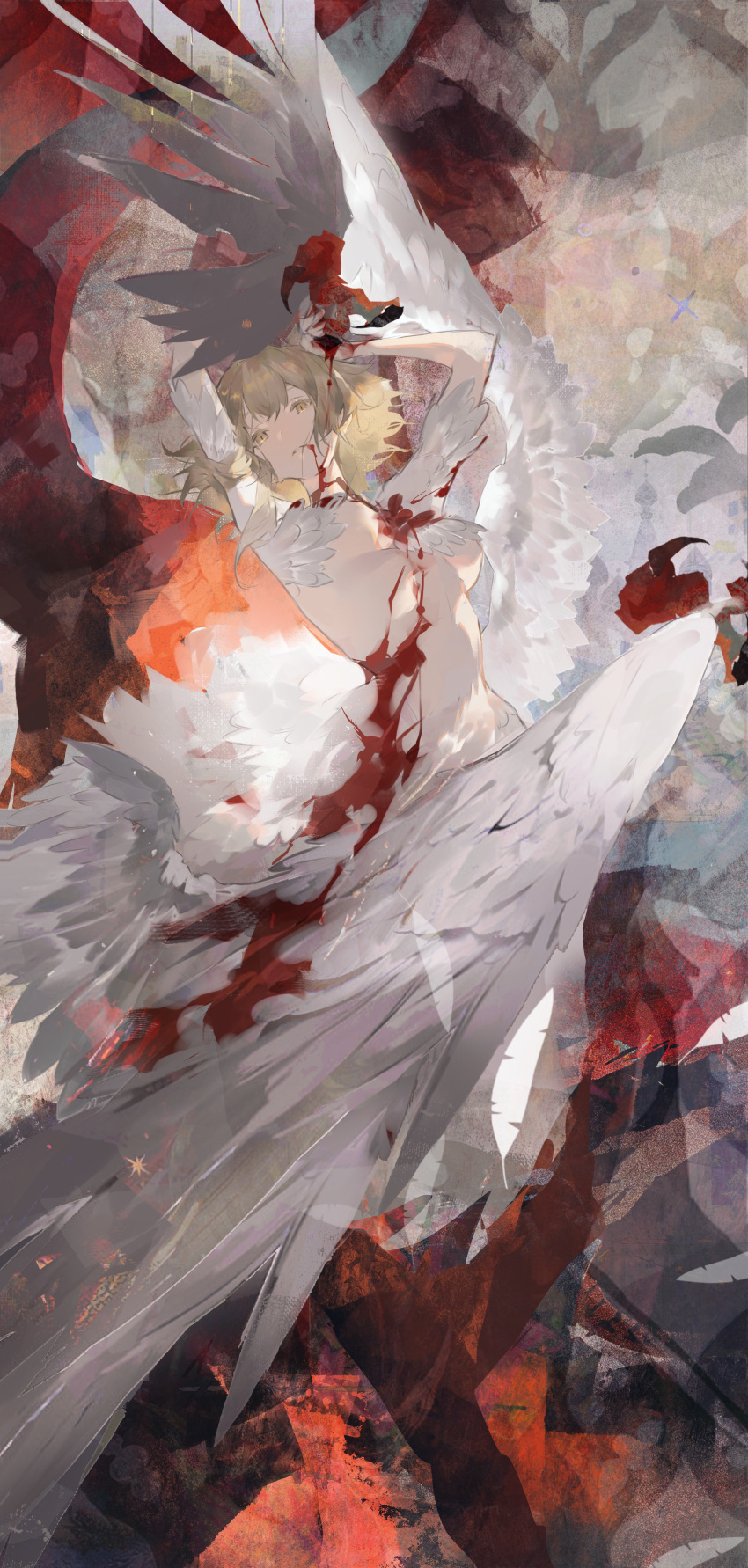 1girl abstract_background absurdres arms_up bird_wings bleeding blonde_hair blood blood_from_mouth blood_on_chest blood_on_face blood_on_hands breasts chimera commentary dungeon_meshi english_commentary expressionless falin_touden falin_touden_(chimera) feathered_wings feathers highres kurage_(nai_chuanqi) monster_girl multicolored_background multiple_wings parted_lips short_hair slit_pupils solo taur underboob wings yellow_eyes