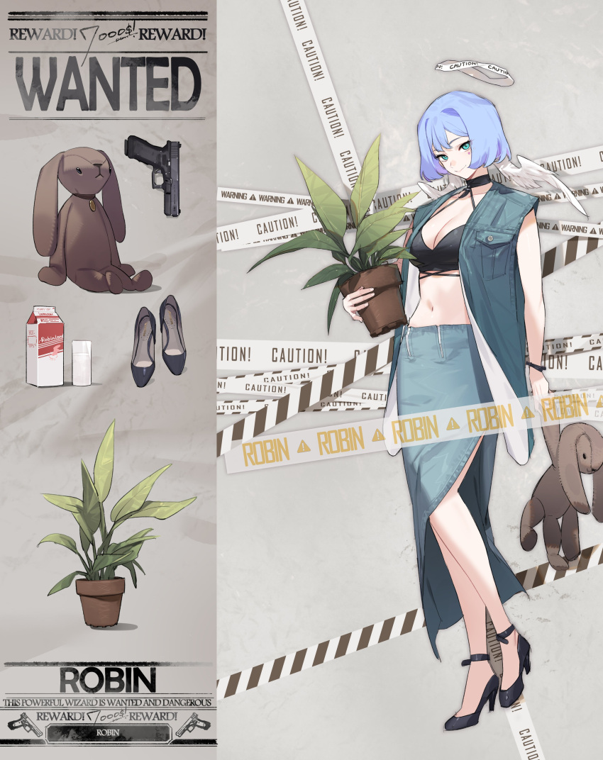 1girl absurdres alternate_costume alternate_hair_length alternate_hairstyle aqua_eyes aqua_jacket aqua_skirt black_footwear blue_hair breasts cleavage closed_mouth clothing_cutout english_text facial_mark flower_pot full_body gebijiade_89 gun halo head_wings high_heels highres holding holding_flower_pot holding_stuffed_toy honkai:_star_rail honkai_(series) jacket navel robin_(honkai:_star_rail) short_hair skirt sleeveless sleeveless_jacket smile solo stomach stuffed_toy weapon white_wings wings