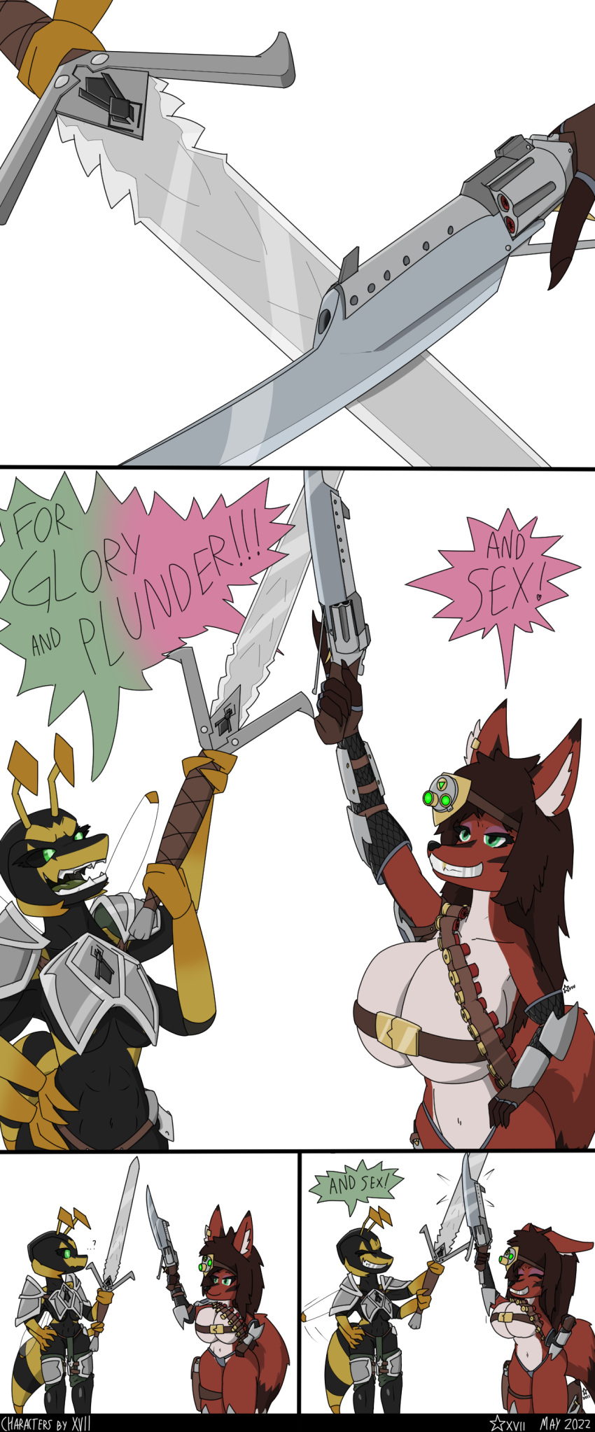 4_arms absurd_res anthro arthropod bandolier black_sclera canid canine duo female fox fur greatsword green_eyes gunblade hi_res holding_object holding_weapon hymenopteran insect mammal morganne_(xvii) multi_arm multi_limb multicolored_body multicolored_fur skimpy_armor two_tone_body vesper_(xvii) wasp weapon xvii_(artist)