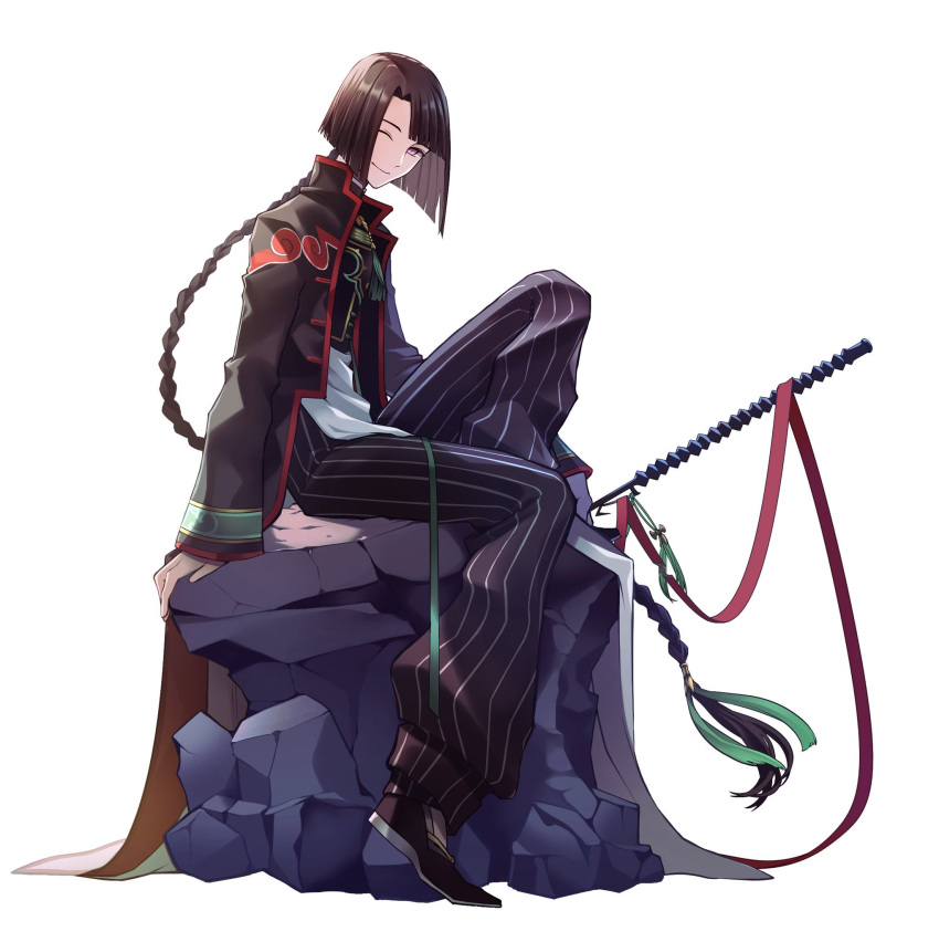 1boy black_coat black_hair braid changpao chinese_clothes closed_mouth coat curtained_hair fate/grand_order fate_(series) full_body high_collar highres holding long_braid long_hair long_sleeves looking_at_viewer male_focus morita_yuu one_eye_closed pants purple_eyes red_trim rock shirt simple_background sitting sitting_on_rock smile solo striped_clothes striped_pants tai_gong_wang_(fate) vertical-striped_clothes vertical-striped_pants white_background