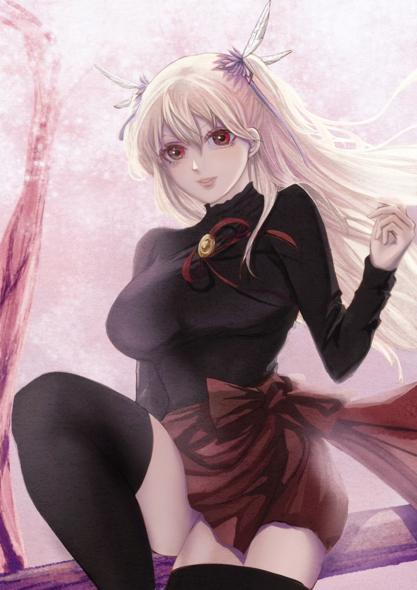 1girl alisa_reinford blonde_hair bow breasts commission double-parted_bangs eiyuu_densetsu english_commentary feather_hair_ornament feathers floating_hair gradient_background hair_between_eyes hair_ornament highres large_breasts long_hair long_sleeves looking_at_viewer pink_background red_eyes sen_no_kiseki sen_no_kiseki_iii simple_background skirt smile solo thighhighs yurya_elfead