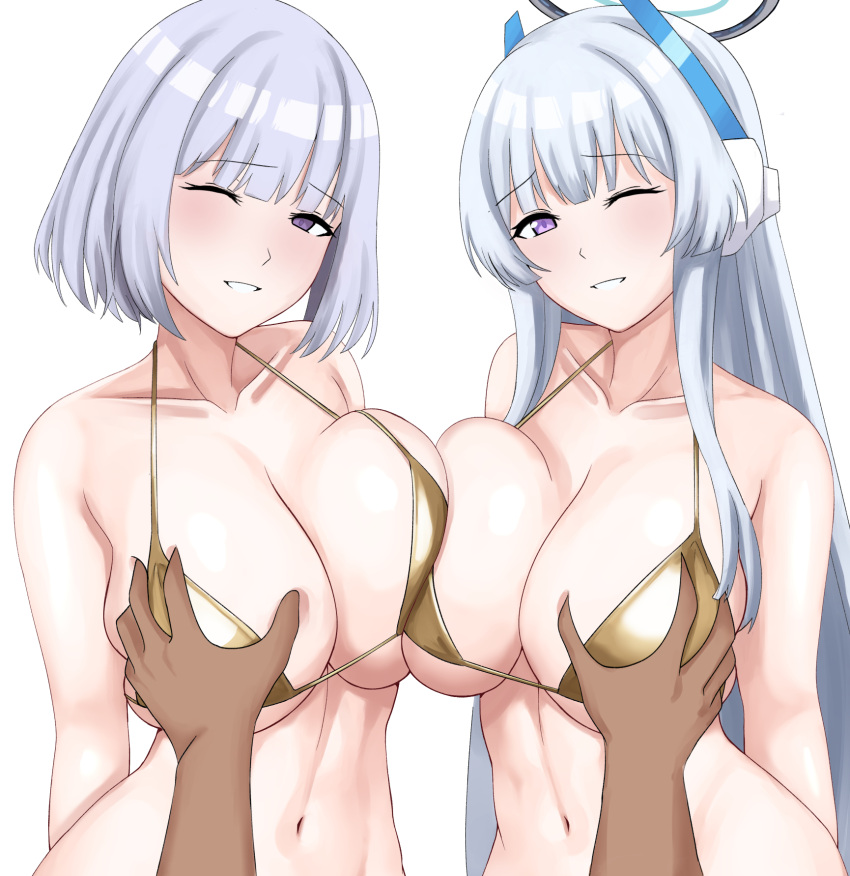 1boy 2girls asymmetrical_docking bikini blue_archive breast_press breasts cleavage collarbone cyka girls'_frontline gold_bikini grabbing grabbing_another's_breast grey_hair hair_ornament halo highres large_breasts long_hair looking_at_viewer mechanical_halo multiple_girls navel noa_(blue_archive) one_eye_closed open_mouth purple_eyes rpk-16_(girls'_frontline) short_hair simple_background smile solo swimsuit symmetrical_docking upper_body very_long_hair white_background white_hair