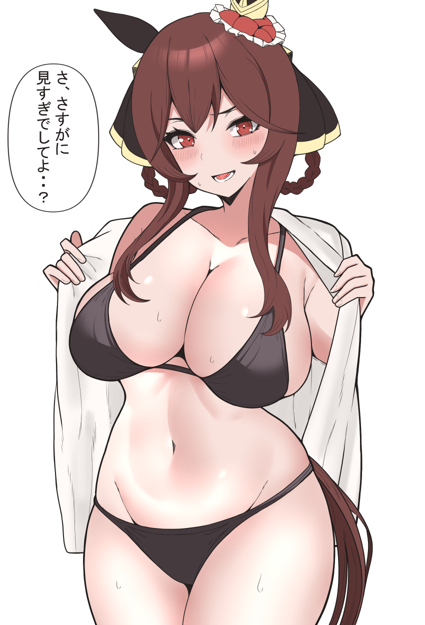 1girl absurdres alternate_costume animal_ears breasts brown_hair cleavage collarbone commentary_request gentildonna_(umamusume) hair_rings highres horse_ears horse_girl horse_tail large_breasts looking_at_viewer navel open_mouth puchimosu_(mosu1427) red_eyes simple_background solo sweat tail translation_request umamusume white_background