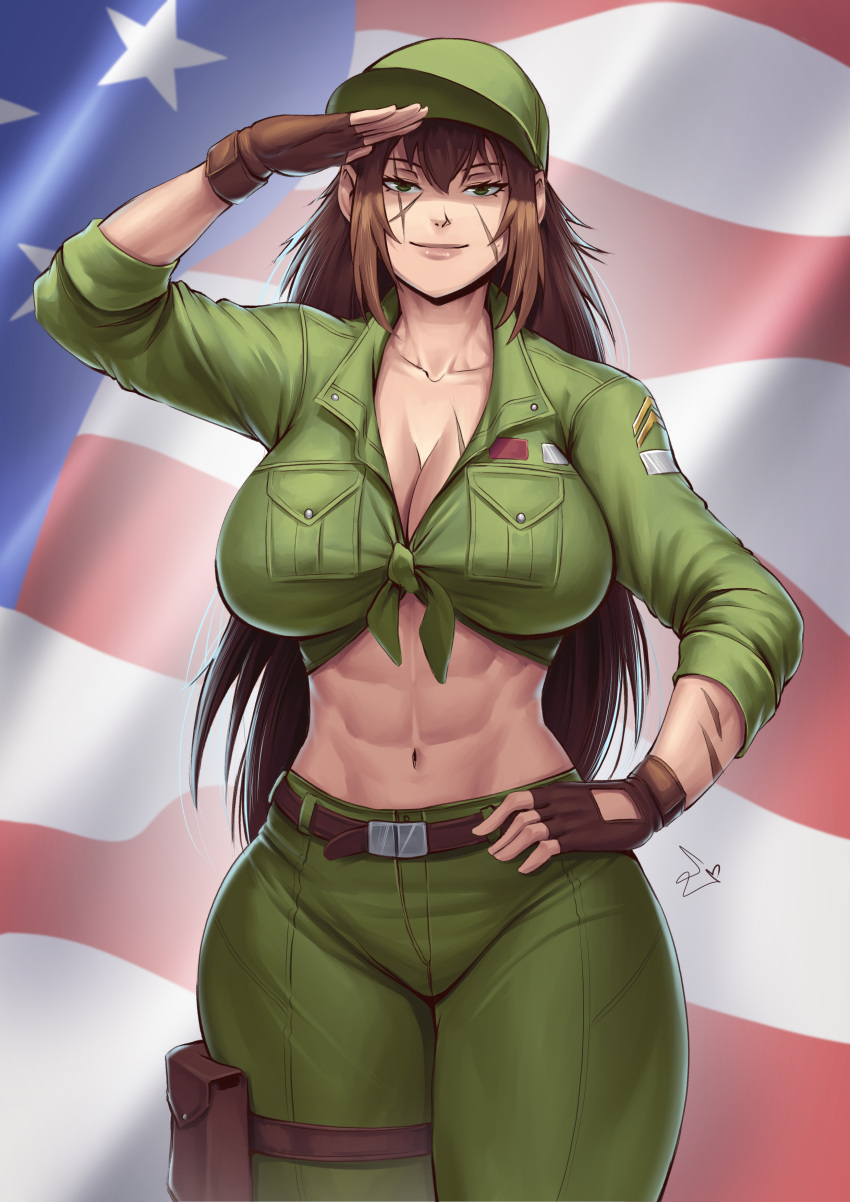 1girl abs absurdres american_flag baseball_cap belt breasts brown_gloves brown_hair cleavage curvy english_commentary facing_viewer fingerless_gloves front-tie_top gloves green_eyes green_headwear green_pants green_shirt hand_on_hip hat highres large_breasts lips long_hair looking_at_viewer messy_hair midriff military military_uniform multiple_scars muscular muscular_female narrow_waist navel original pants salute scar scar_across_eye scar_on_arm scar_on_breasts scar_on_face shirt sleeves_pushed_up smile solo speedl00ver standing thick_thighs thigh_pouch thighs uniform