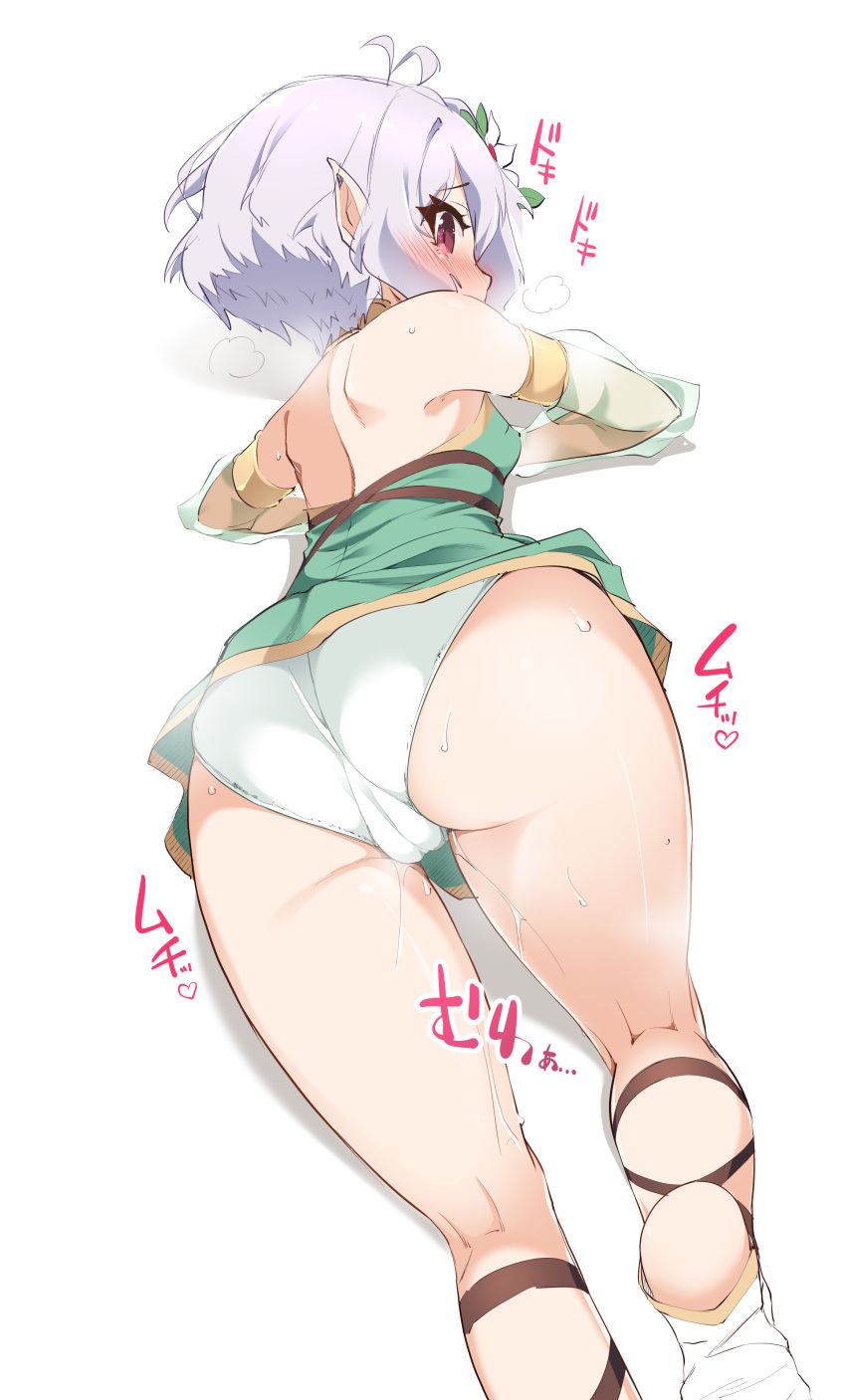 1girl absurdres ass back bare_shoulders blush breasts cameltoe detached_sleeves highres kokkoro_(princess_connect!) matatabi_(2ccp) panties pointy_ears princess_connect! purple_eyes see-through short_hair small_breasts solo sweat underwear white_hair white_panties