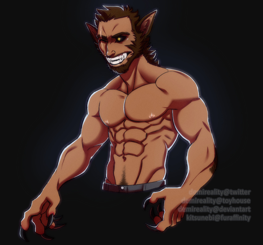 abs artist_name beard biceps black_background black_claws black_sclera brown_beard brown_eyebrows brown_hair canid canine claws demireality eyebrows facial_hair facial_scar fangs farkas_(demireality) finger_claws hair humanoid kitsunebi_(artist) male mammal muscular muscular_humanoid muscular_male navel nipples pecs pink_nipples prick_ears scar short_hair simple_background solo were werecanid werecanine werewolf yellow_eyes